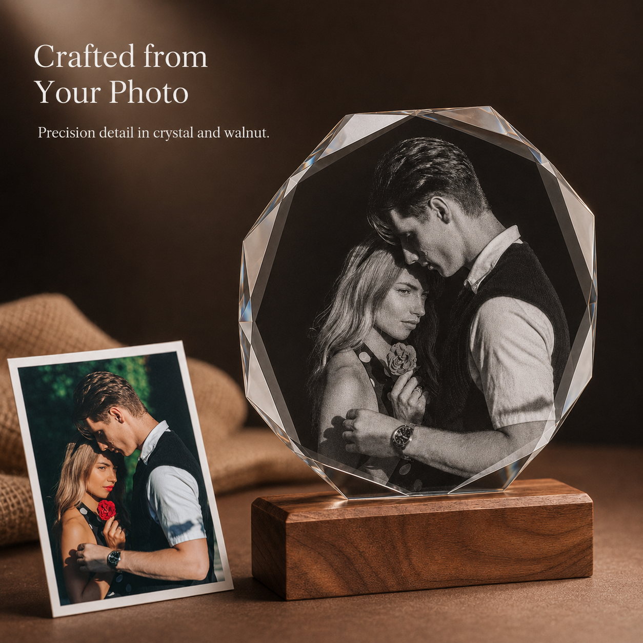 Personalized Crystal Photo Plaque with Solid Walnut Wood Base