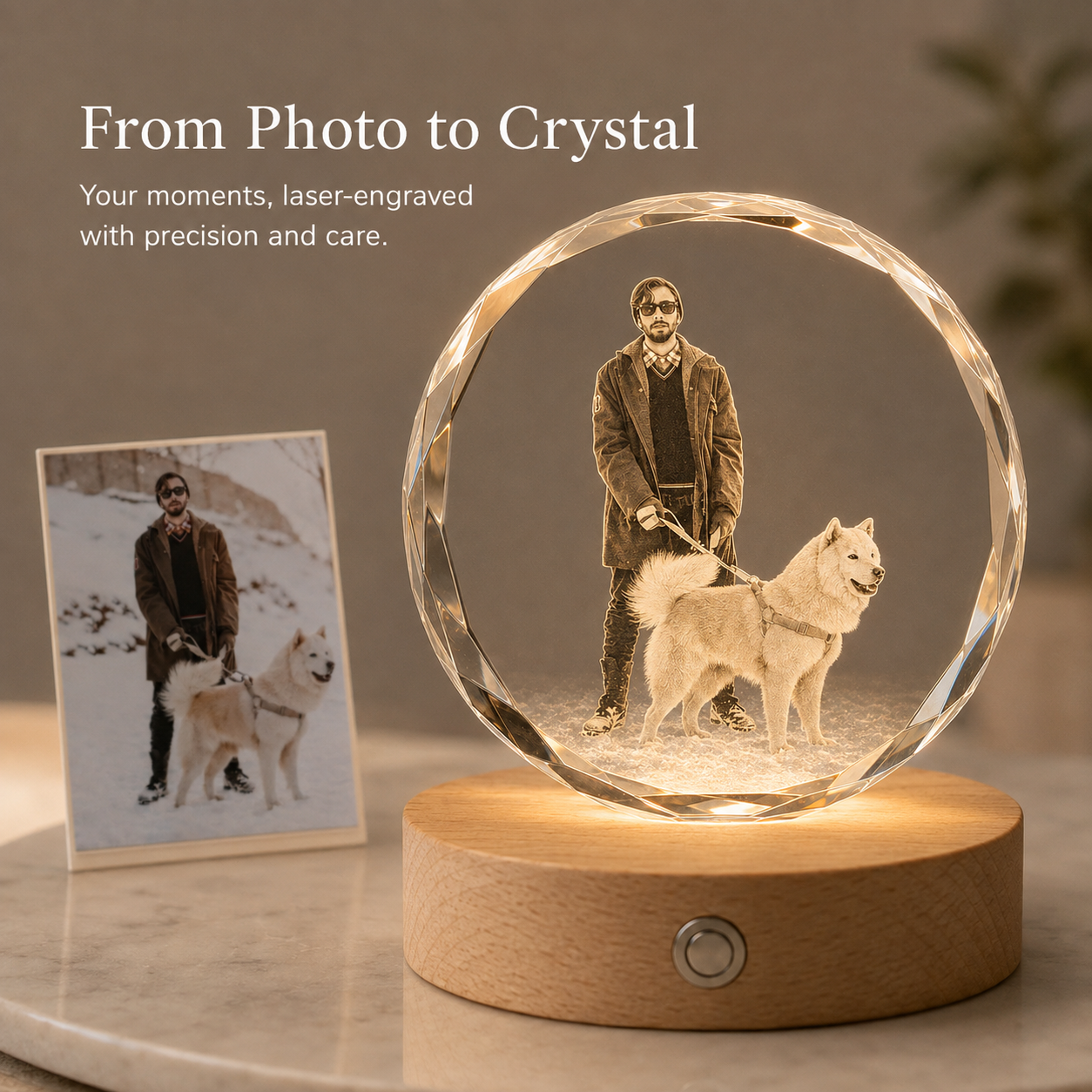 Personalized 3D Crystal Photo Keepsake with Beech Wood Light Base