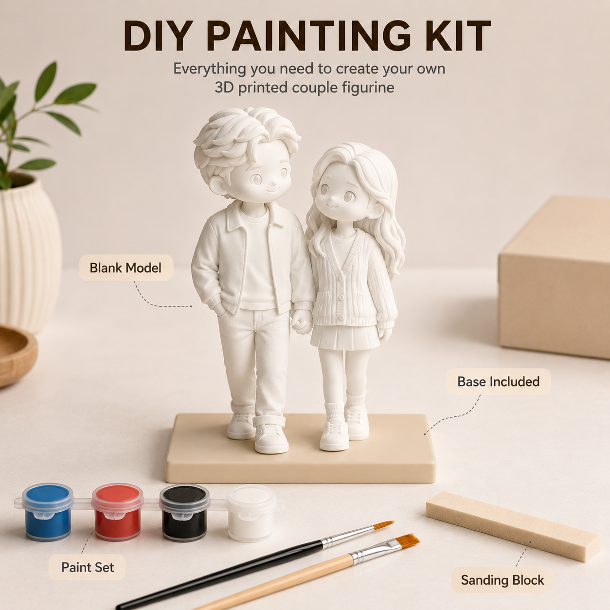 Custom 3D Printed Couple Figurine from Photo with DIY Painting Kit