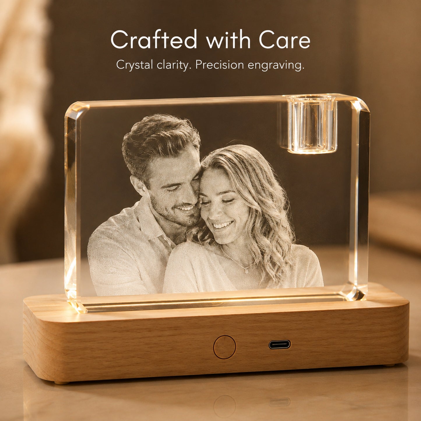 CouplePersonalized 3D Crystal Photo Keepsake with Lighted Wood Base