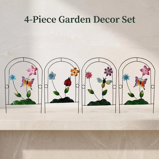 4-Piece Metal Flower Garden Stake Set