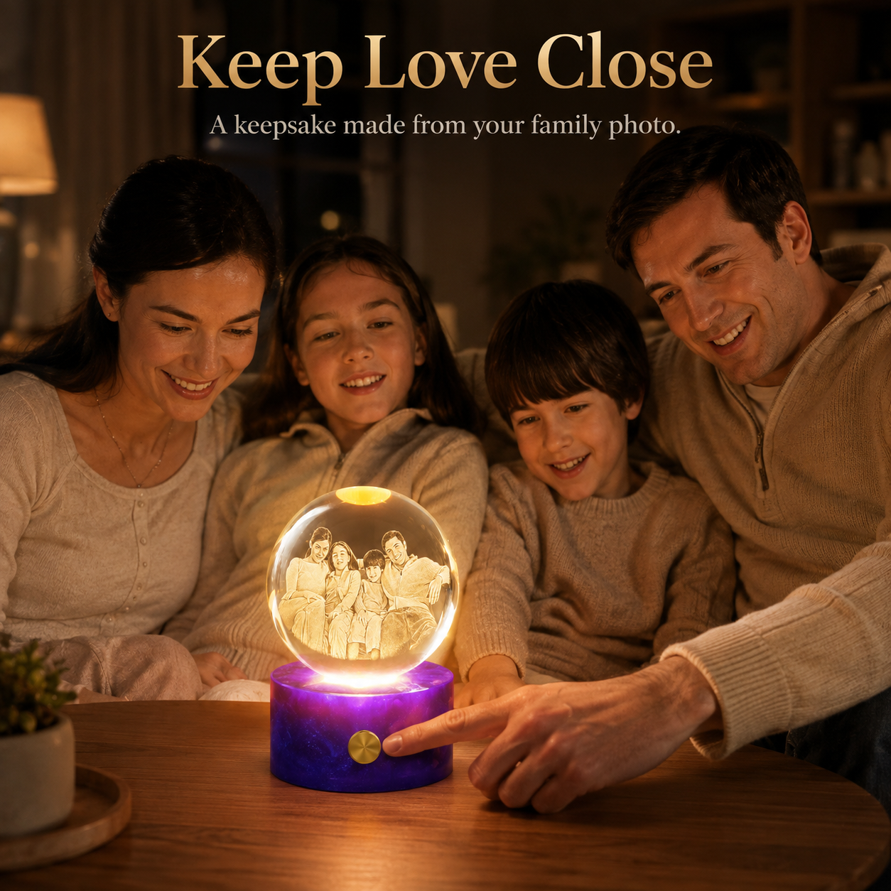 Personalized 3D Crystal Photo Globe Night Light with Purple Base