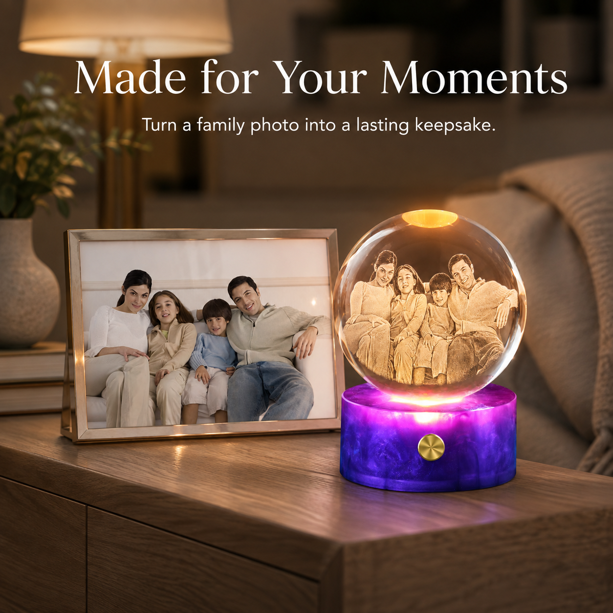 Personalized 3D Crystal Photo Globe Night Light with Purple Base