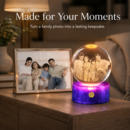 Personalized 3D Crystal Photo Globe Night Light with Purple Base