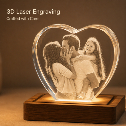 Personalized Heart-Shaped 3D Crystal Photo Gift with LED Wood Base