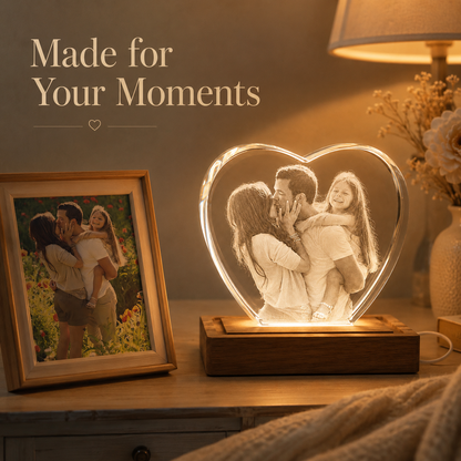Personalized Heart-Shaped 3D Crystal Photo Gift with LED Wood Base