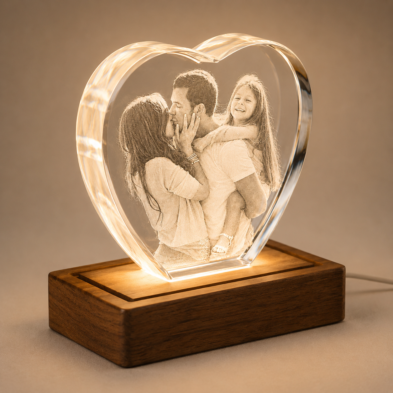 Personalized Heart-Shaped 3D Crystal Photo Gift with LED Wood Base