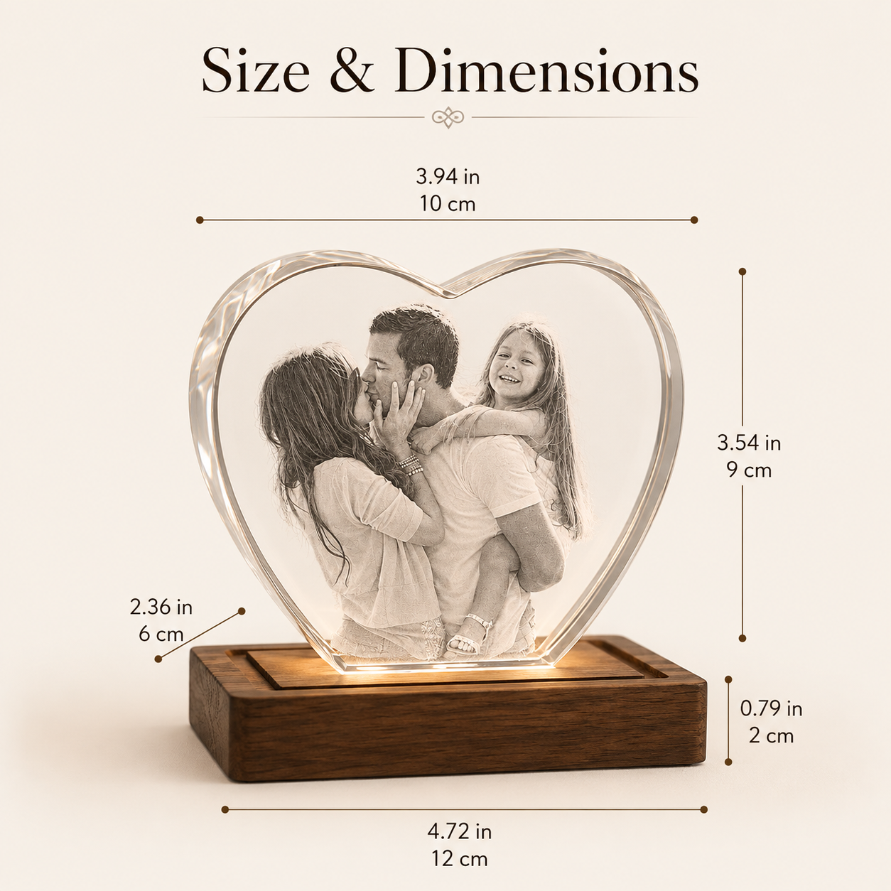 Personalized Heart-Shaped 3D Crystal Photo Gift with LED Wood Base