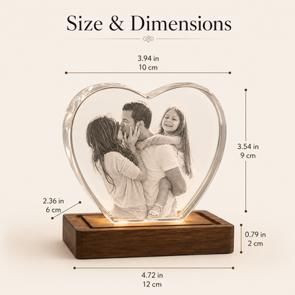 Personalized Heart-Shaped 3D Crystal Photo Gift with LED Wood Base
