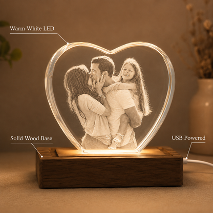 Personalized Heart-Shaped 3D Crystal Photo Gift with LED Wood Base
