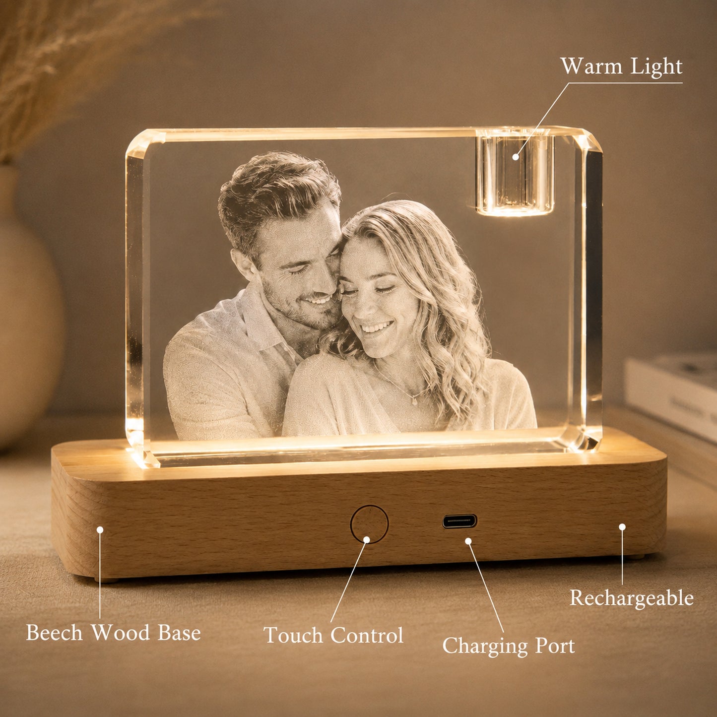 CouplePersonalized 3D Crystal Photo Keepsake with Lighted Wood Base