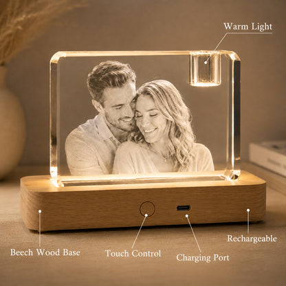 CouplePersonalized 3D Crystal Photo Keepsake with Lighted Wood Base