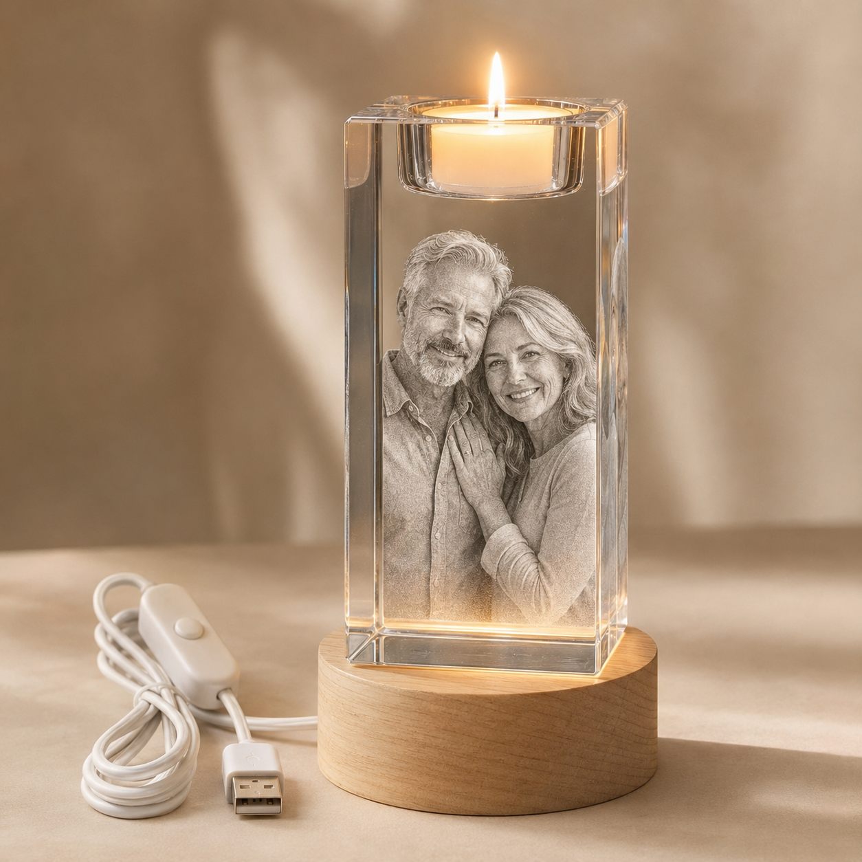 Personalized 3D Crystal Photo Candle Holder with Wood Base
