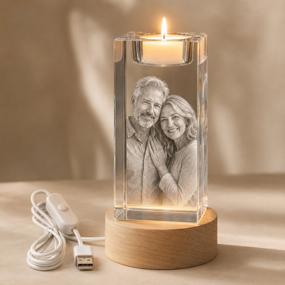 Personalized 3D Crystal Photo Candle Holder with Wood Base