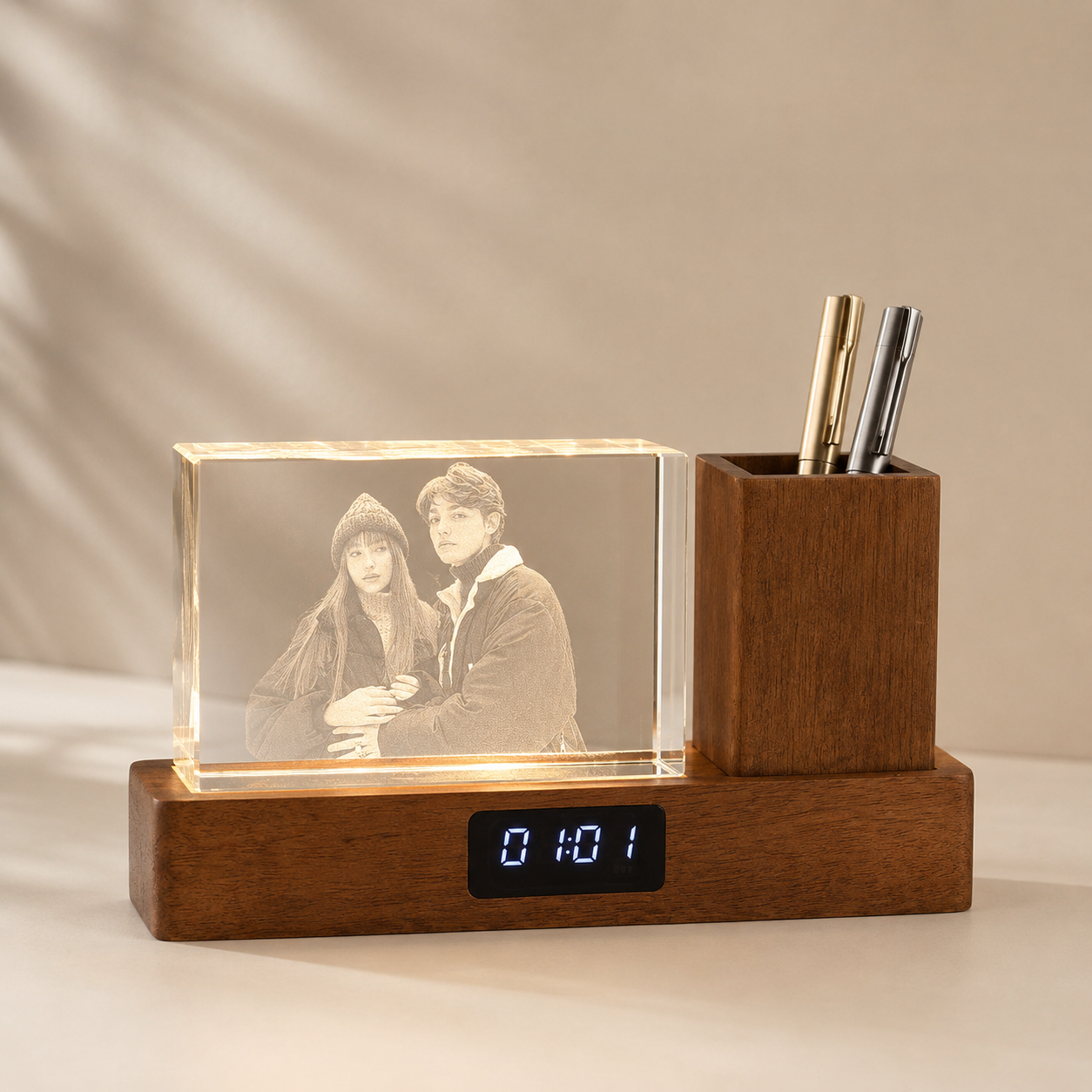 Personalized 3D Crystal Photo Desk Organizer with Clock & Pen Holder