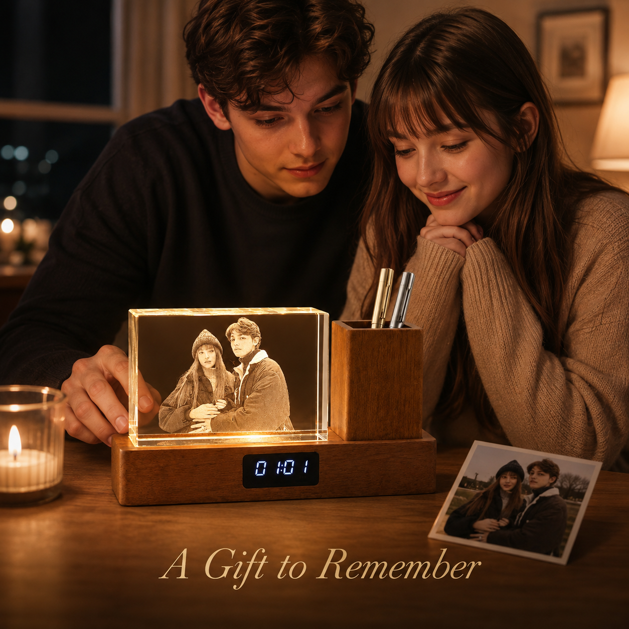 Personalized 3D Crystal Photo Desk Organizer with Clock & Pen Holder