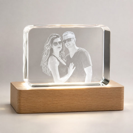Personalized 3D Crystal Photo Keepsake with LED Beech Wood Base