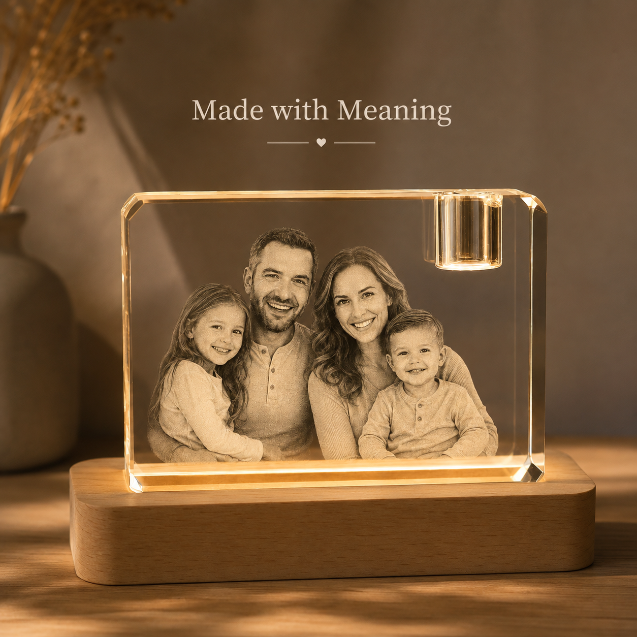 Custom 3D Crystal Photo Keepsake with Lighted Wood Base