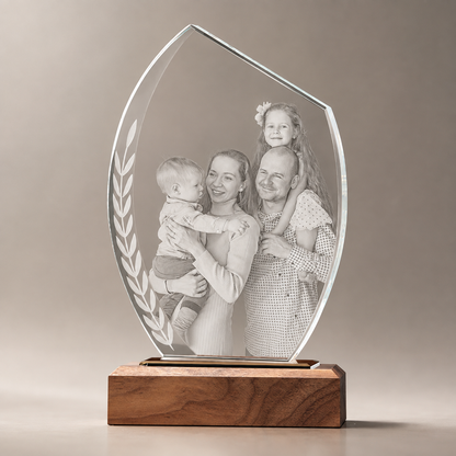 Personalized Crystal Family Photo Keepsake with Solid Wood Base