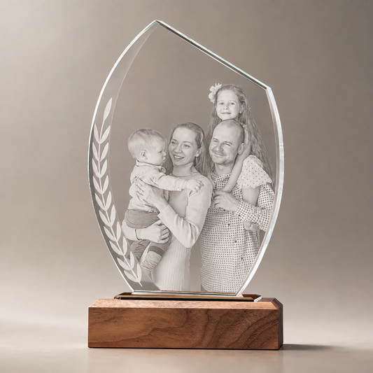 Personalized Crystal Family Photo Keepsake with Solid Wood Base