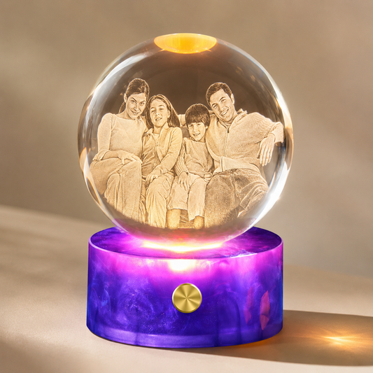Personalized 3D Crystal Photo Globe Night Light with Purple Base