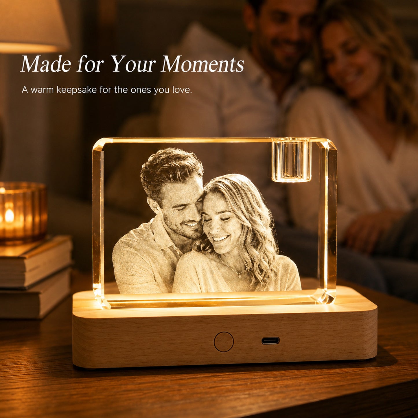 CouplePersonalized 3D Crystal Photo Keepsake with Lighted Wood Base