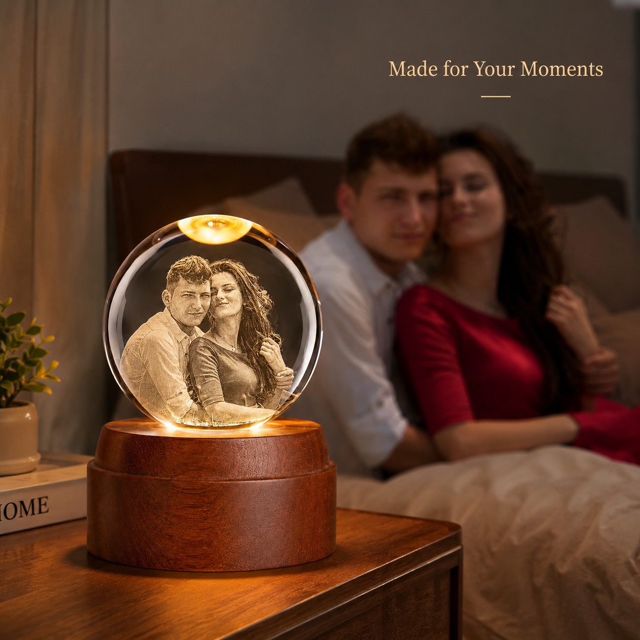 Personalized 3D Crystal Photo Night Light with Sapele Wood Base