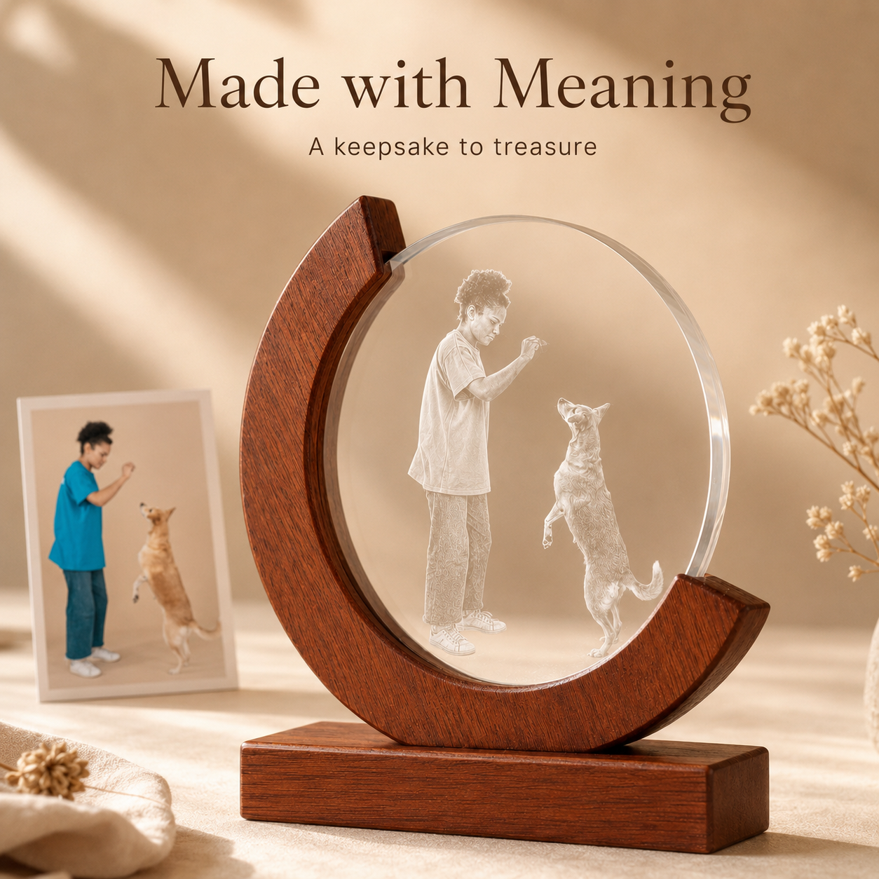 Personalized Crystal Pet Photo Keepsake with Solid Wood Base