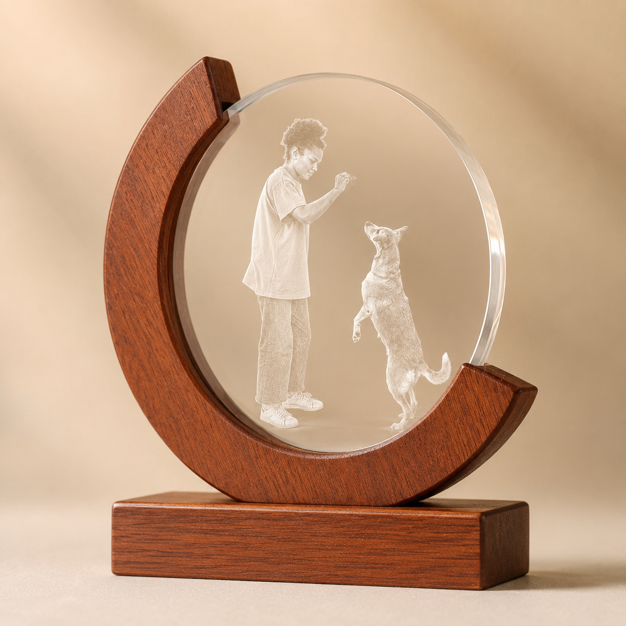 Personalized Crystal Pet Photo Keepsake with Solid Wood Base