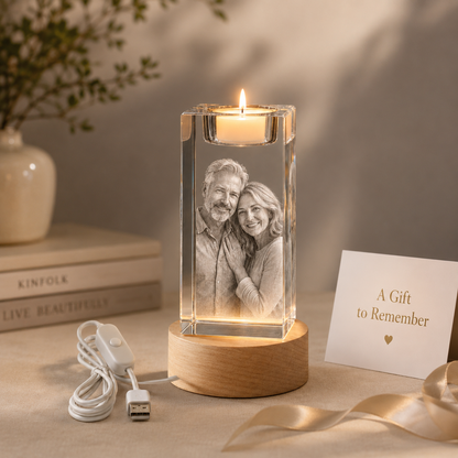 Personalized 3D Crystal Photo Candle Holder with Wood Base