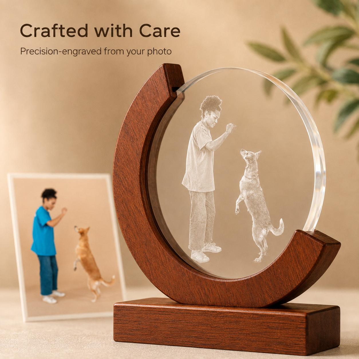 Personalized Crystal Pet Photo Keepsake with Solid Wood Base