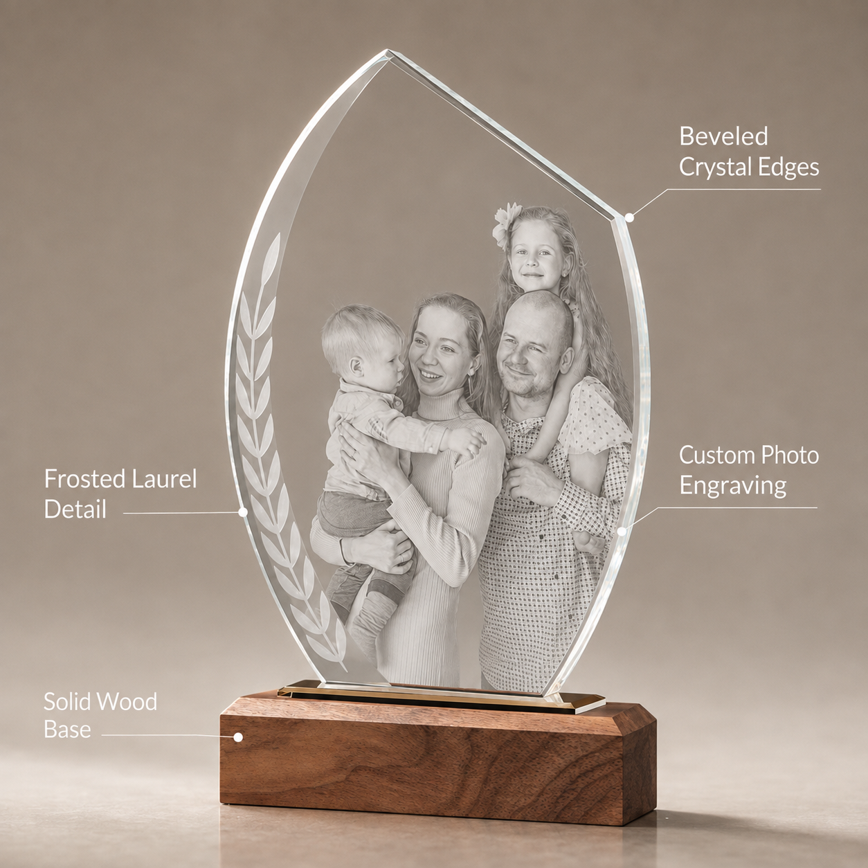 Personalized Crystal Family Photo Keepsake with Solid Wood Base