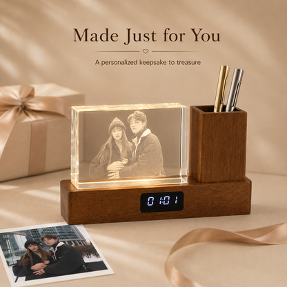 Personalized 3D Crystal Photo Desk Organizer with Clock & Pen Holder