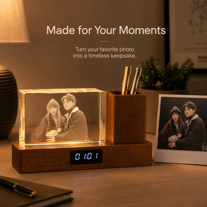 Personalized 3D Crystal Photo Desk Organizer with Clock & Pen Holder