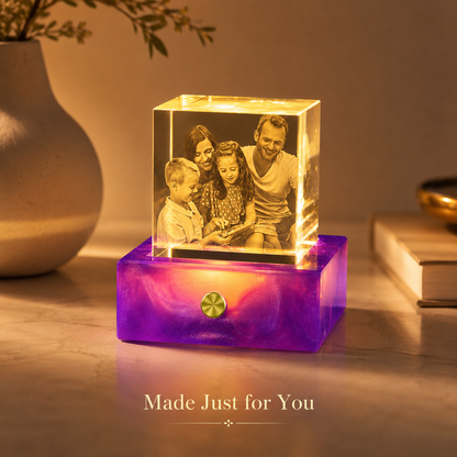 Custom 3D Crystal Photo Night Light with Aurora Purple Base