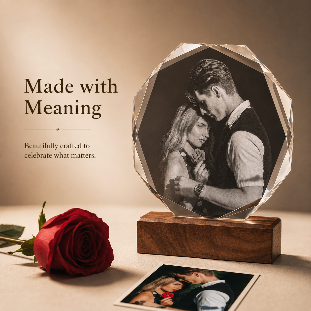Personalized Crystal Photo Plaque with Solid Walnut Wood Base