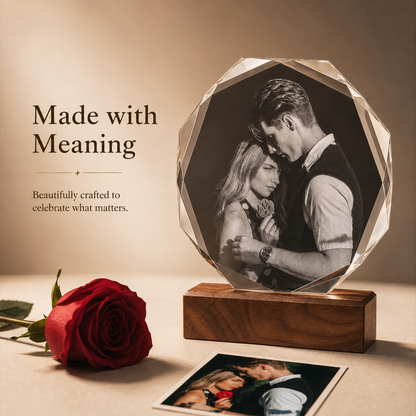 Personalized Crystal Photo Plaque with Solid Walnut Wood Base