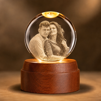 Personalized 3D Crystal Photo Night Light with Sapele Wood Base
