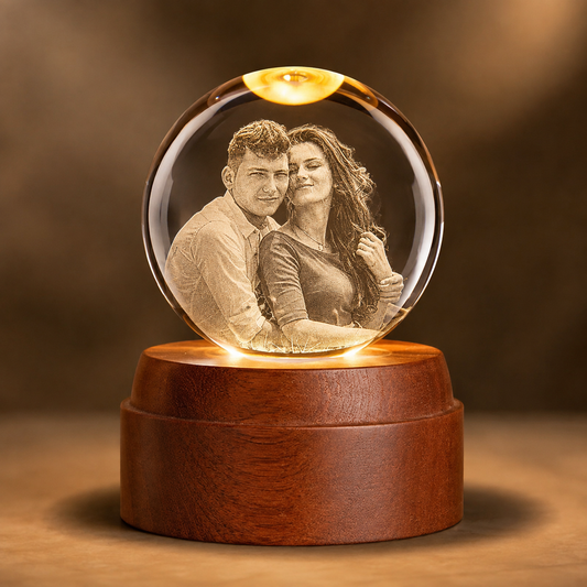 Personalized 3D Crystal Photo Night Light with Sapele Wood Base