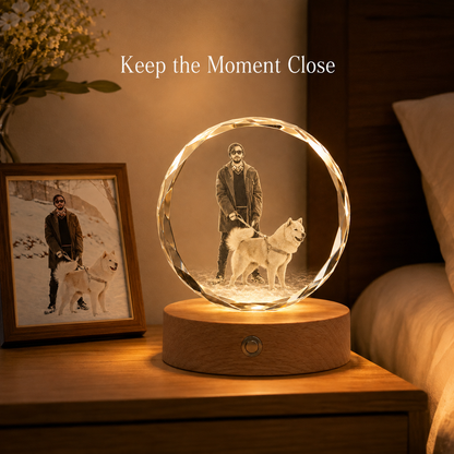 Personalized 3D Crystal Photo Keepsake with Beech Wood Light Base