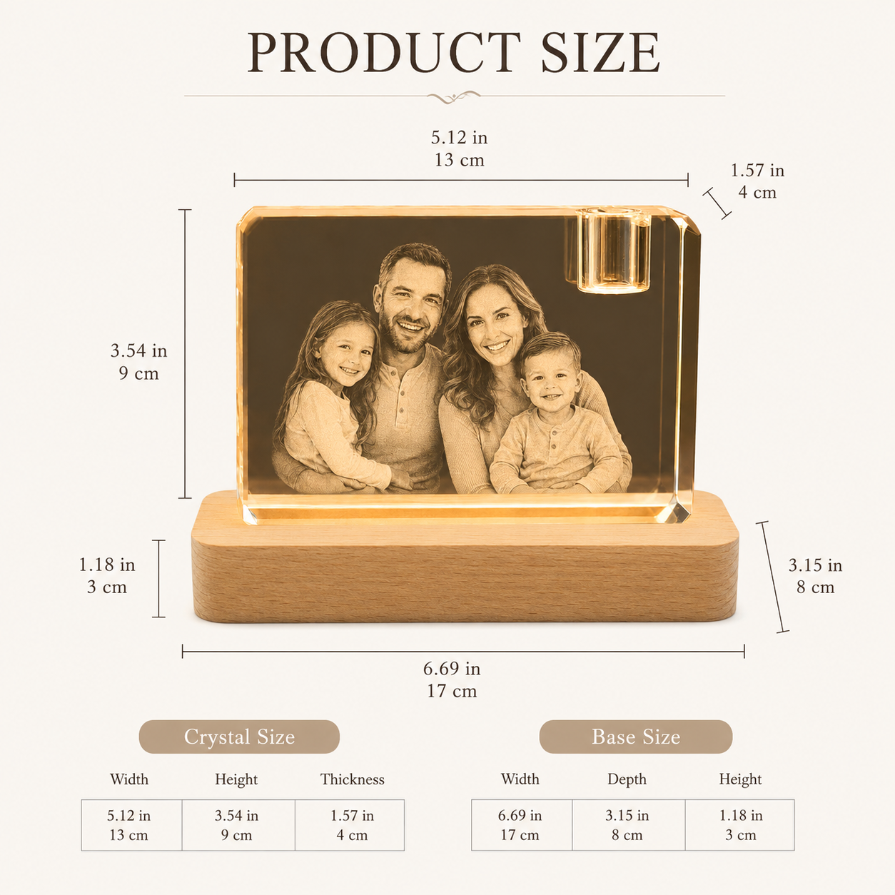 Custom 3D Crystal Photo Keepsake with Lighted Wood Base