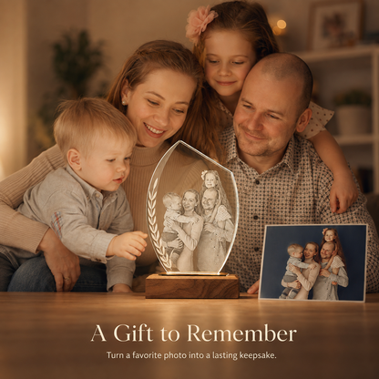 Personalized Crystal Family Photo Keepsake with Solid Wood Base