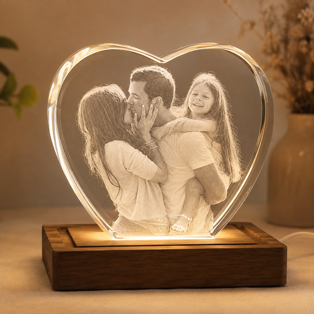 Personalized Heart-Shaped 3D Crystal Photo Gift with LED Wood Base