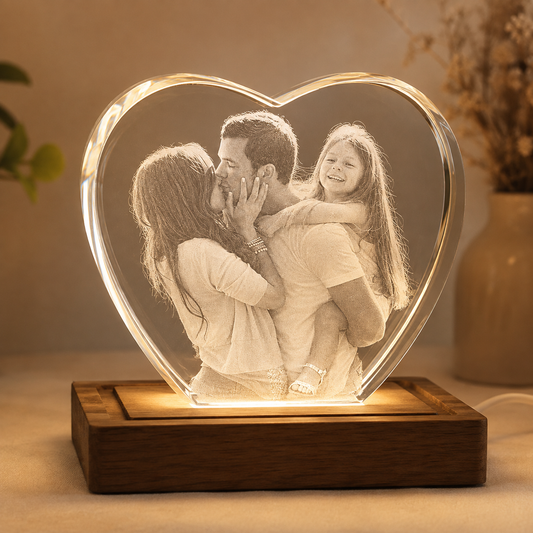 Personalized Heart-Shaped 3D Crystal Photo Gift with LED Wood Base