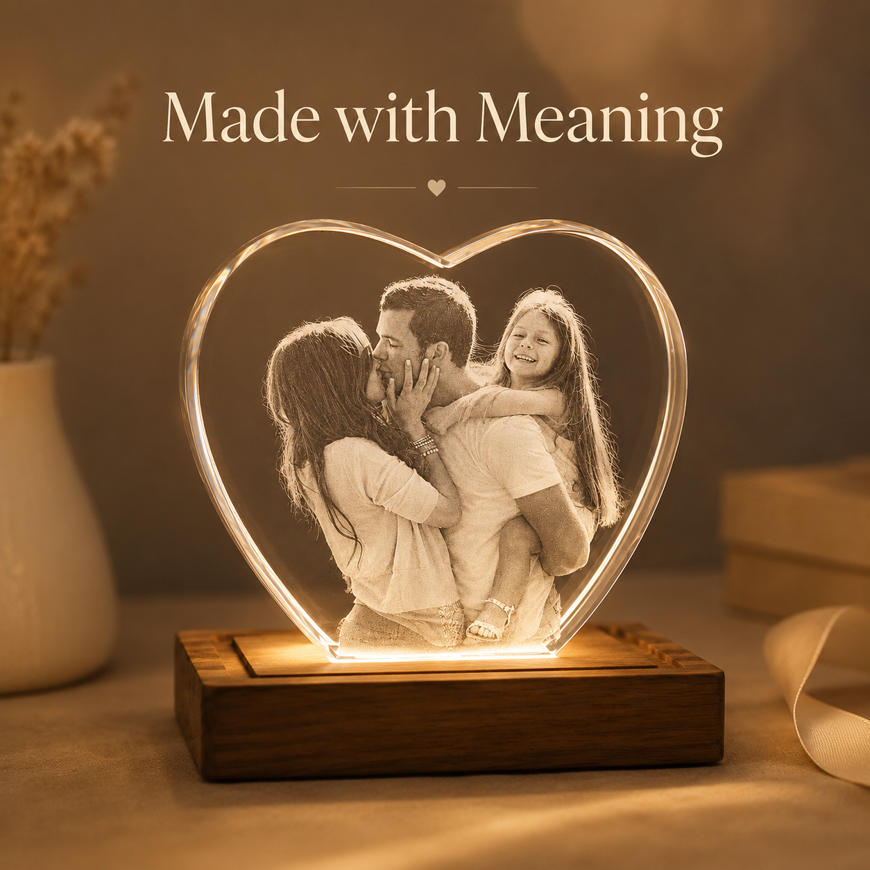 Personalized Heart-Shaped 3D Crystal Photo Gift with LED Wood Base