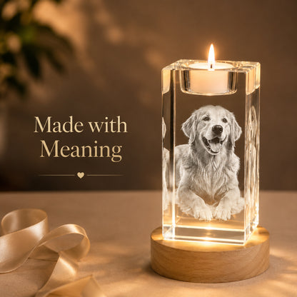 Custom 3D Pet Photo Crystal Memorial Candle Holder with Wood Base