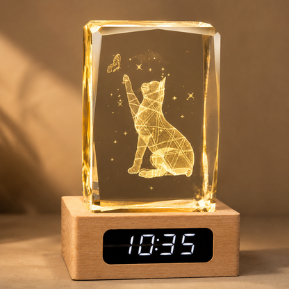 Custom Pet Photo Crystal Memorial Clock with Wood Base