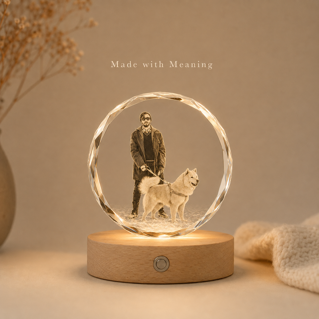 Personalized 3D Crystal Photo Keepsake with Beech Wood Light Base