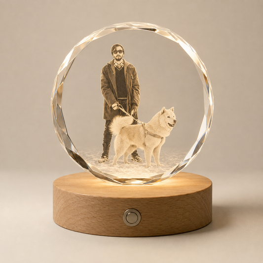 Personalized 3D Crystal Photo Keepsake with Beech Wood Light Base