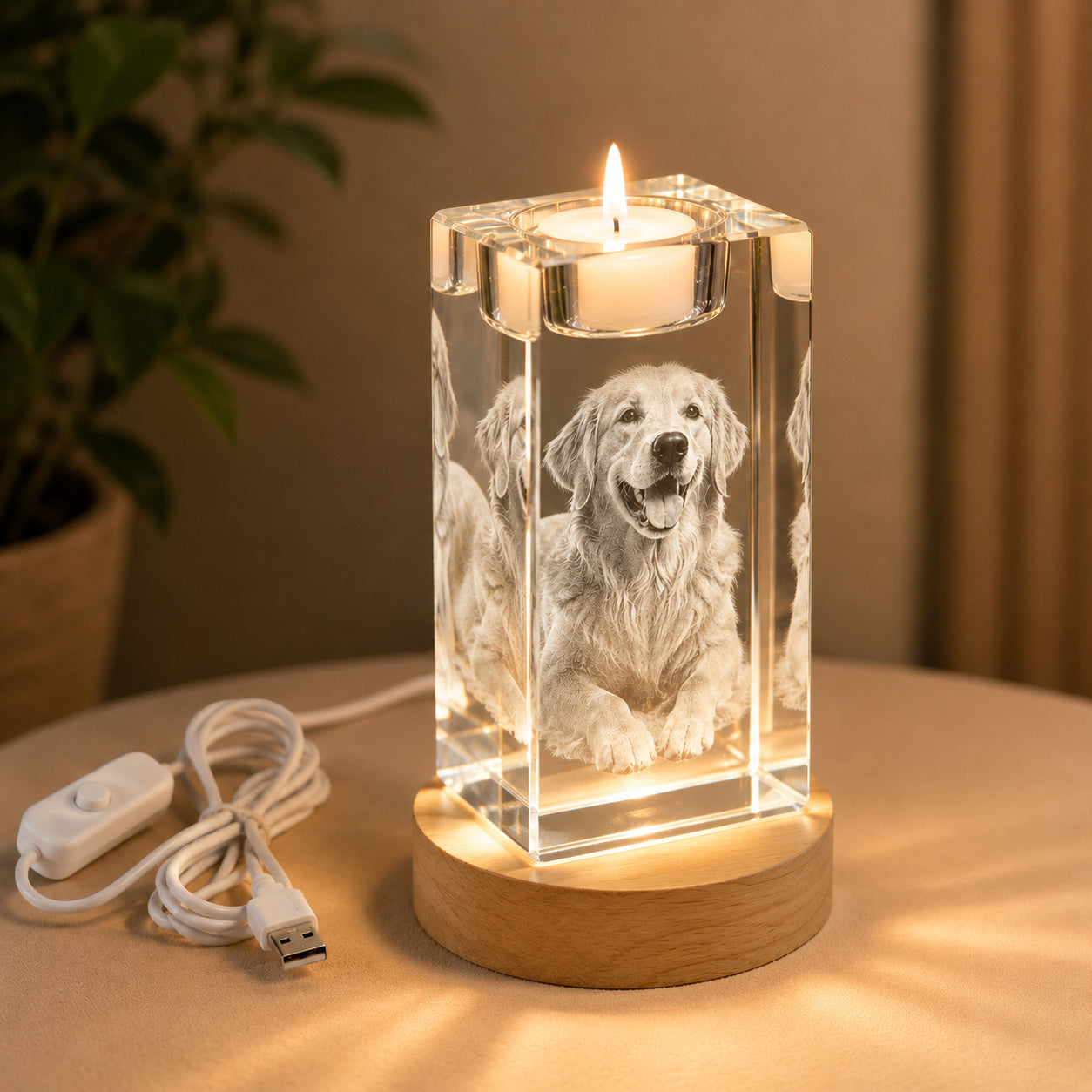 Custom 3D Pet Photo Crystal Memorial Candle Holder with Wood Base
